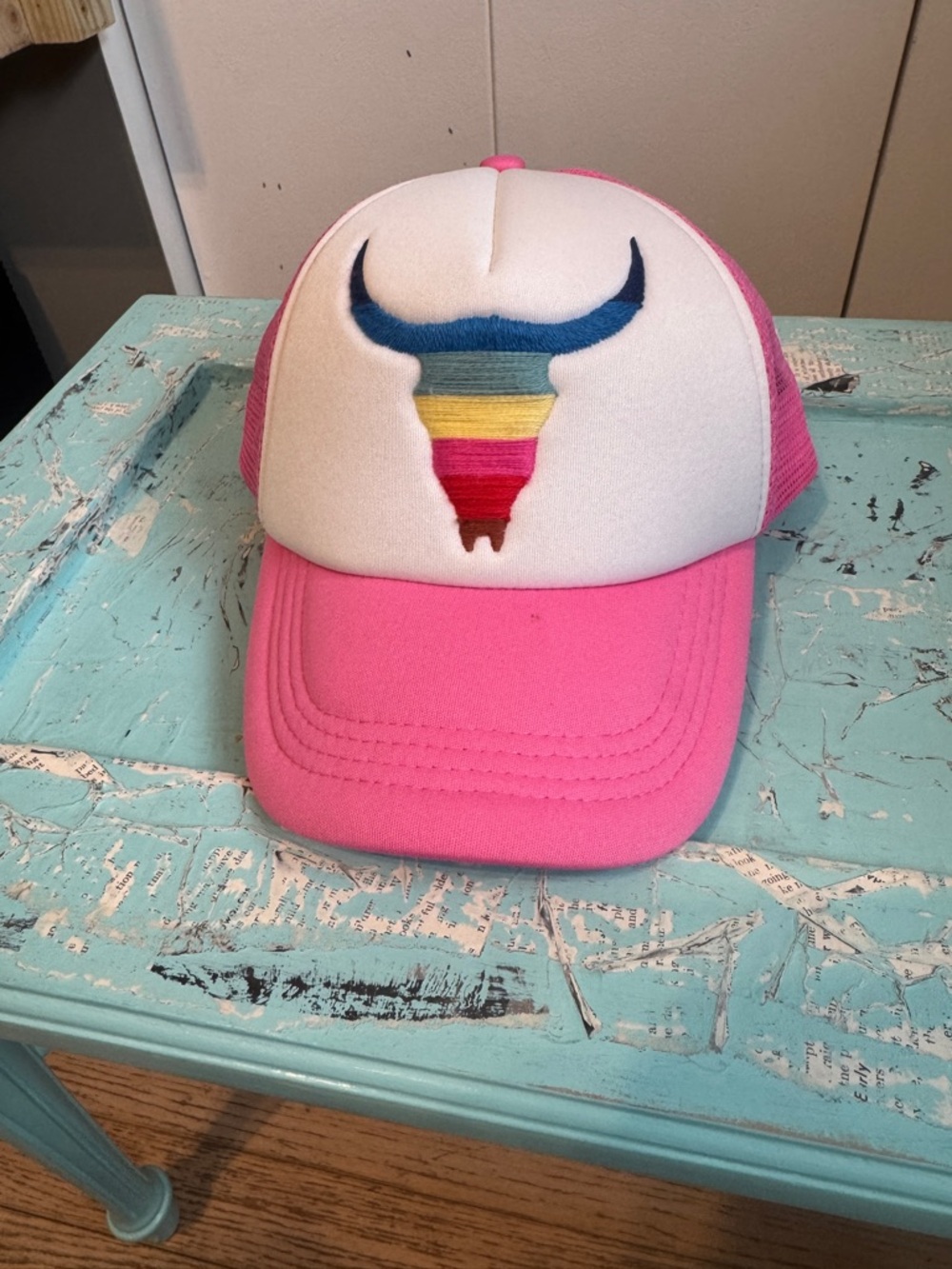 Rainbow Embroidered Longhorn Bull Trucker Hat Pink Mesh Boho Coastal Cowgirl - Picture 1 of 7